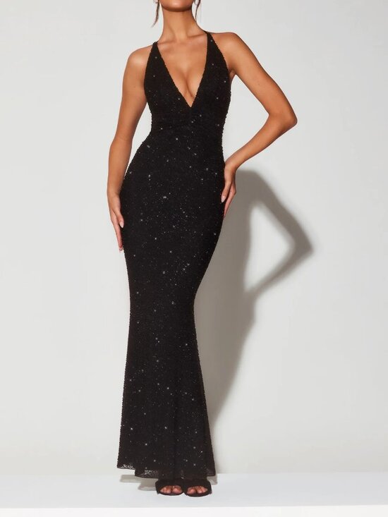 Oh Polly Dresses & Skirts - Oh Polly Embellished Plunge Halter Neck Beaded Evening Gown in Black size XS (2)